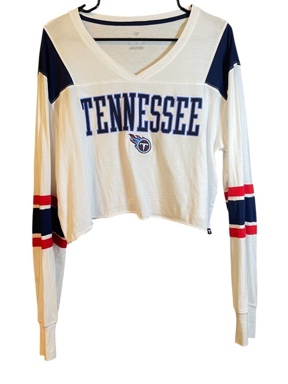 Tennessee Titans Cropped V-Neck Long Sleeve Top - White Navy Red